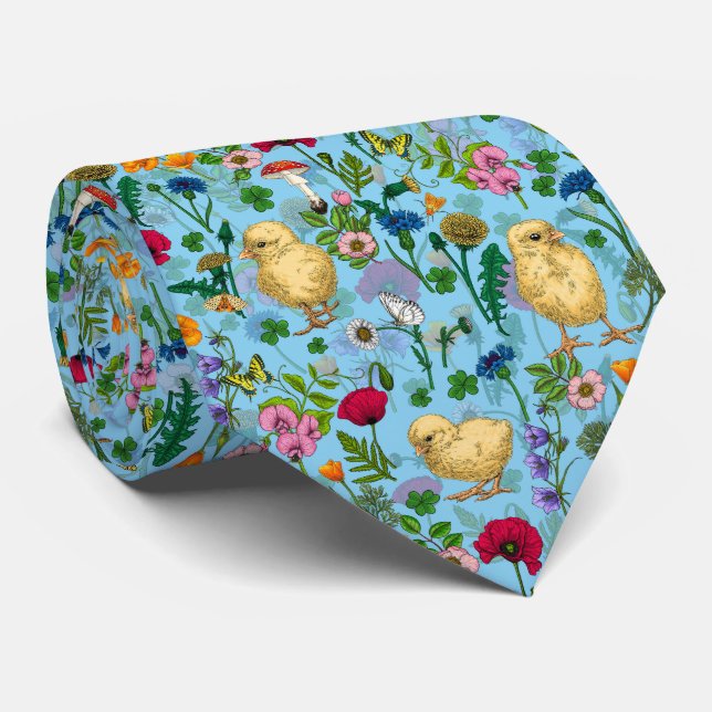 Chickens and wildflowers on baby blueHand-drawn ch Neck Tie (Rolled)