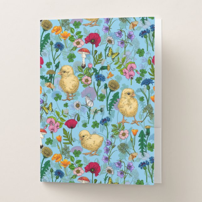 Chickens and wildflowers on baby blueHand-drawn ch Pocket Folder (Front)