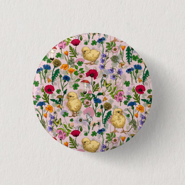 Chickens and wildflowers on cotton candy pink button (Front)