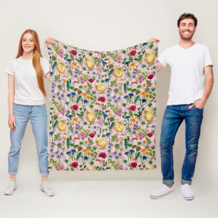 Chickens and wildflowers on cotton candy pink fleece blanket