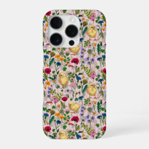 Chickens and wildflowers on cotton candy pink iPhone 16 pro case