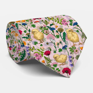 Chickens and wildflowers on cotton candy pink neck tie