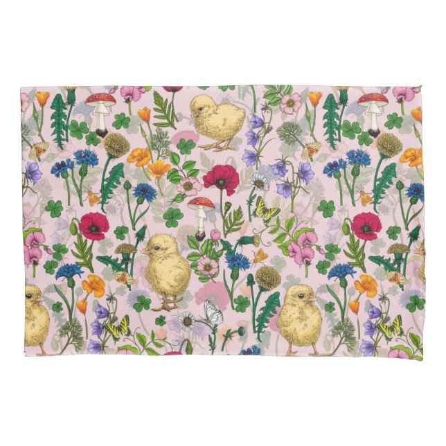 Chickens and wildflowers on cotton candy pink pillow case (Front-Left)