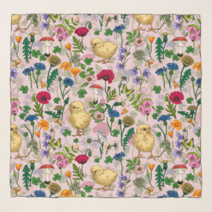 Chickens and wildflowers on cotton candy pink scarf