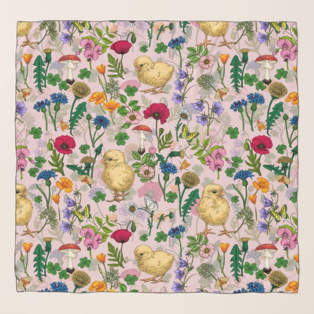 Chickens and wildflowers on cotton candy pink scarf (Front)
