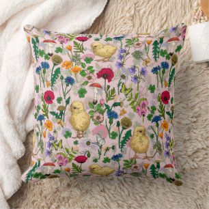 Chickens and wildflowers on cotton candy pink throw pillow