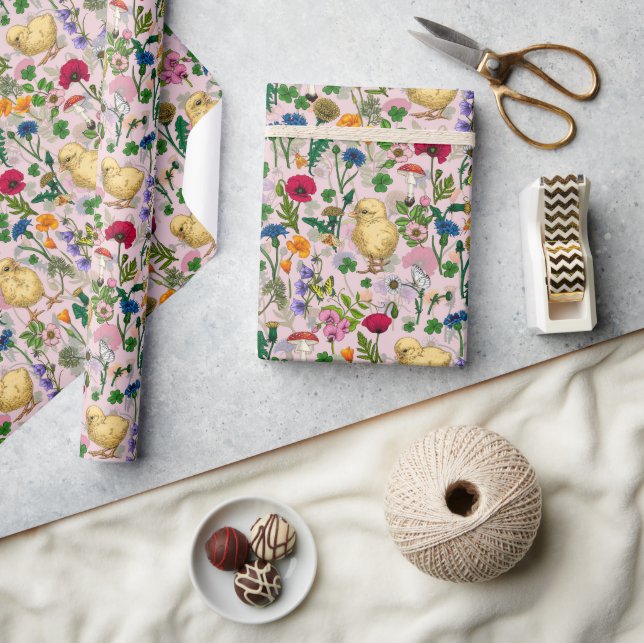 Chickens and wildflowers on cotton candy pink wrapping paper (Crafts)