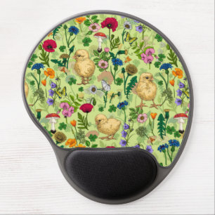 Chickens and wildflowers on honey dew green gel mouse pad