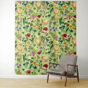 Chickens and wildflowers on honey dew green tapestry
