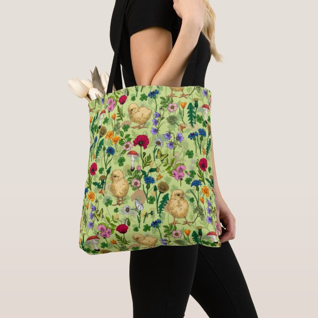 Chickens and wildflowers on honey dew green tote bag (Close Up)