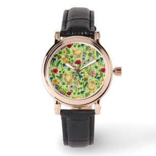 Chickens and wildflowers on honey dew green watch