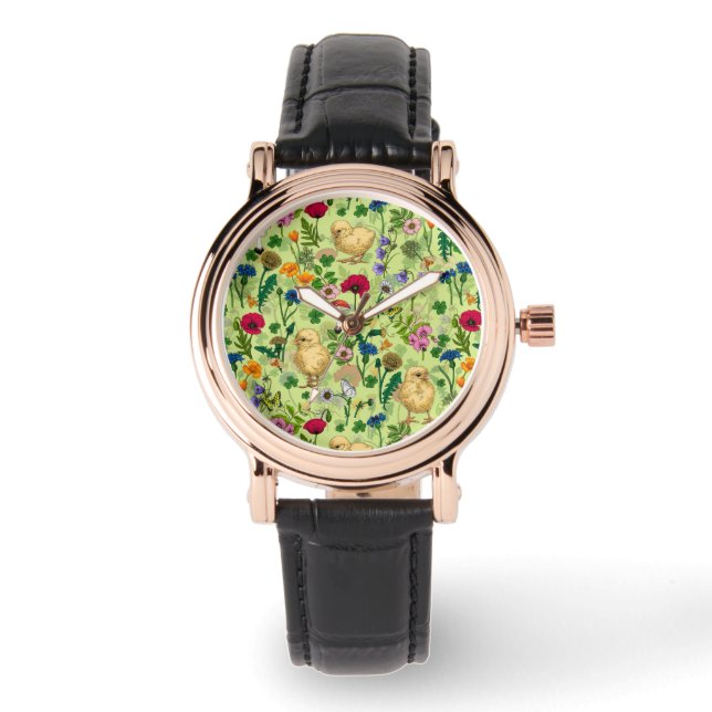 Chickens and wildflowers on honey dew green watch (Front)
