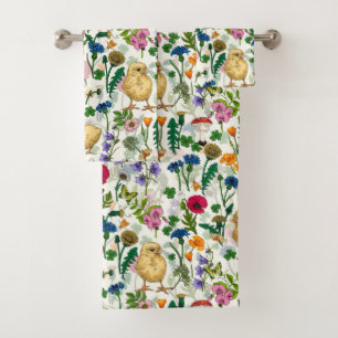 Chickens and wildflowers on off white bath towel set