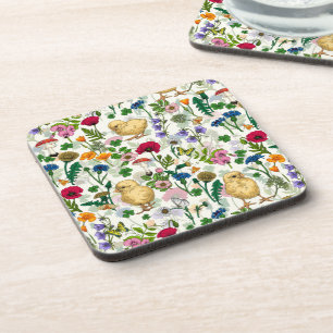 Chickens and wildflowers on off white beverage coaster