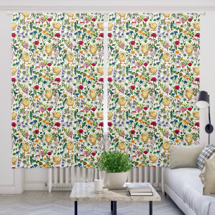 Chickens and wildflowers on off white blackout curtains