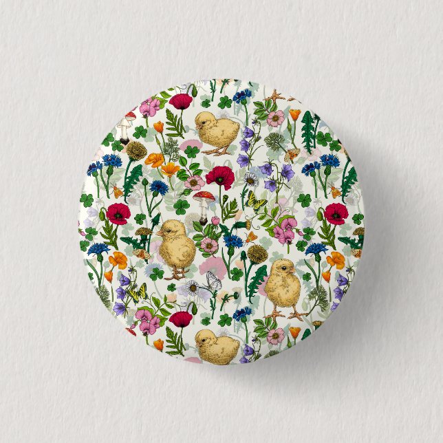 Chickens and wildflowers on off white button (Front)