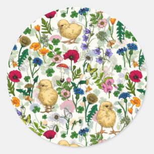Chickens and wildflowers on off white classic round sticker