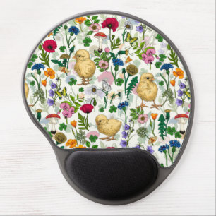Chickens and wildflowers on off white gel mouse pad