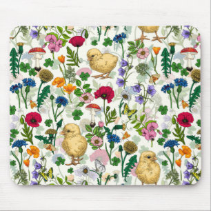Chickens and wildflowers on off white mouse pad