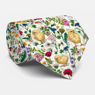 Chickens and wildflowers on off white neck tie