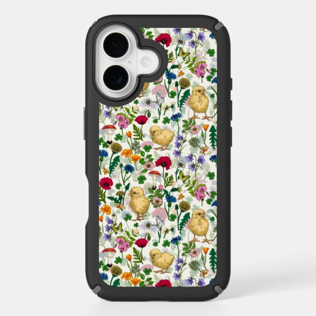 Chickens and wildflowers on off white speck iPhone case (Front)
