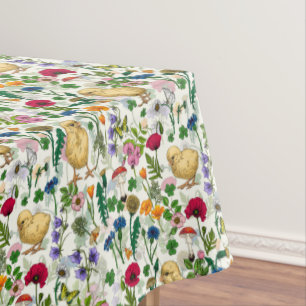 Chickens and wildflowers on off white tablecloth