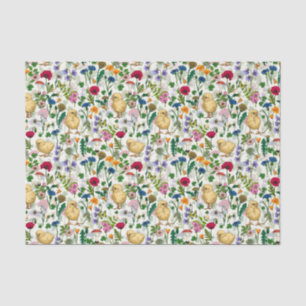 Chickens and wildflowers on off white tissue paper