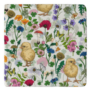 Chickens and wildflowers on off white trivet