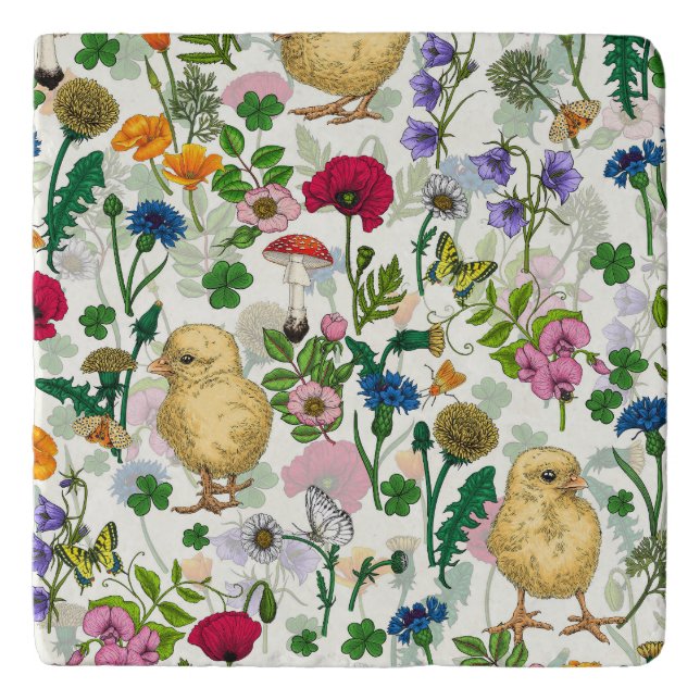 Chickens and wildflowers on off white trivet (Front)