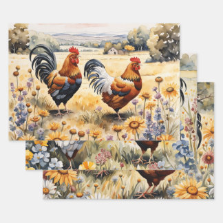 Chickens and Wildflowers Wrapping Paper Sheets