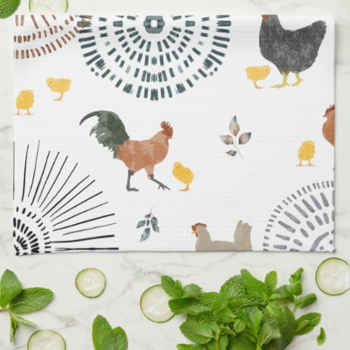 Chickens  Chicks Boho Pattern Kitchen Towel