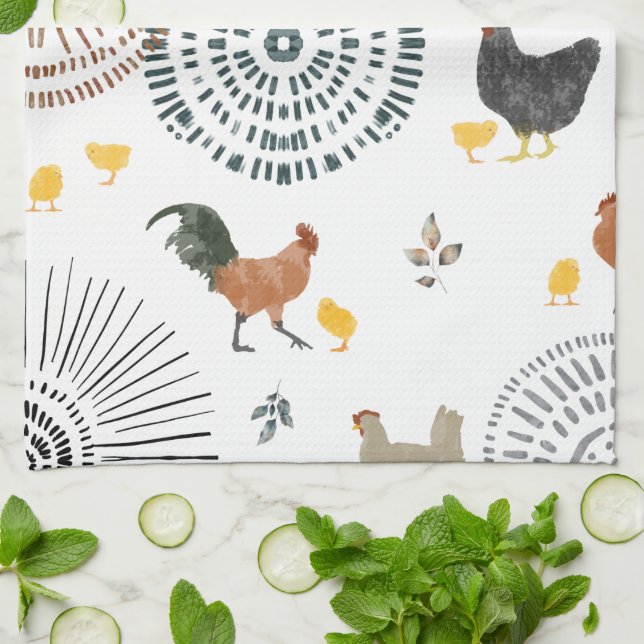 Chickens & Chicks Boho Pattern Kitchen Towel (Folded)