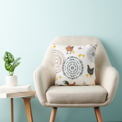 Chickens  Chicks Boho Pattern  Throw Pillow