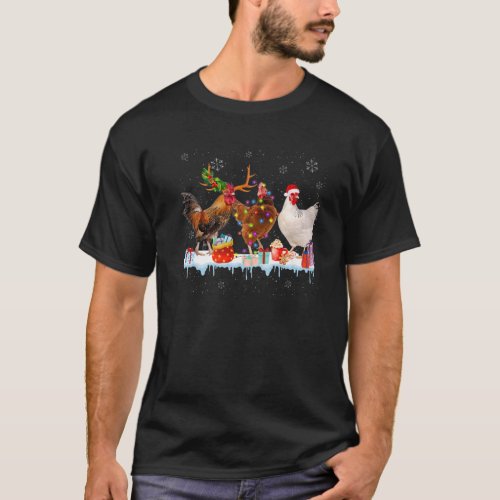 Chickens Christmas Light Reindeer Santa Hat In Sno T_Shirt