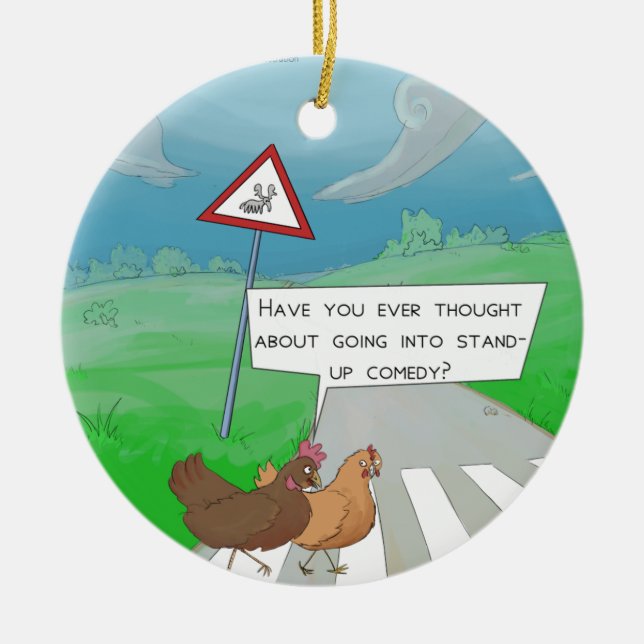 Chickens Crossing Road Funny Cartoon Ceramic Ornament (Front)