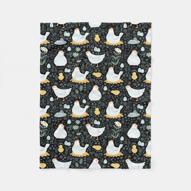 Chickens Dreaming in the Coop in Black Fleece Blanket (Front)