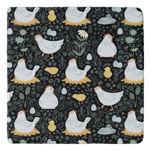 Chickens Dreaming in the Coop in Black Trivet