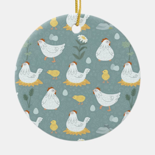 Chickens Dreaming in the Coop in Teal  Ceramic Ornament (Front)