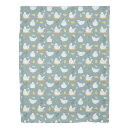 Chickens Dreaming in the Coop in Teal  Duvet Cover