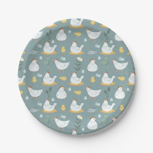 Chickens Dreaming in the Coop in Teal  Paper Plates (Front)