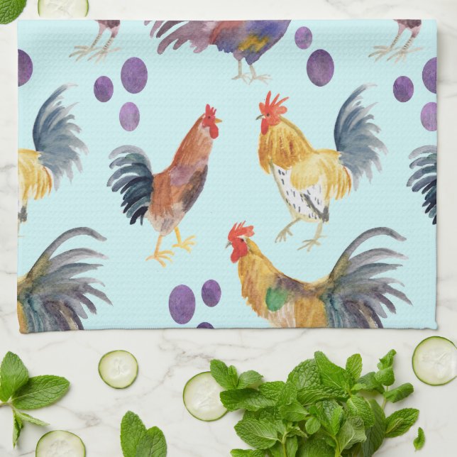 Chickens & Eggs Barnyard Farm Country Watercolor  Kitchen Towel (Folded)