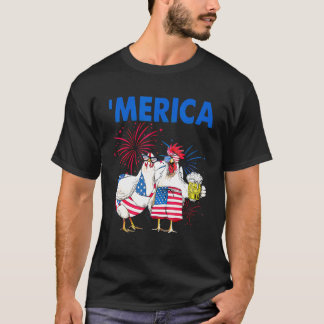 Chickens Family Drinking America Flag Beer Happy 4 T-Shirt