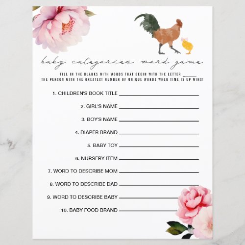 Chickens Floral Baby Shower Categories Word Game