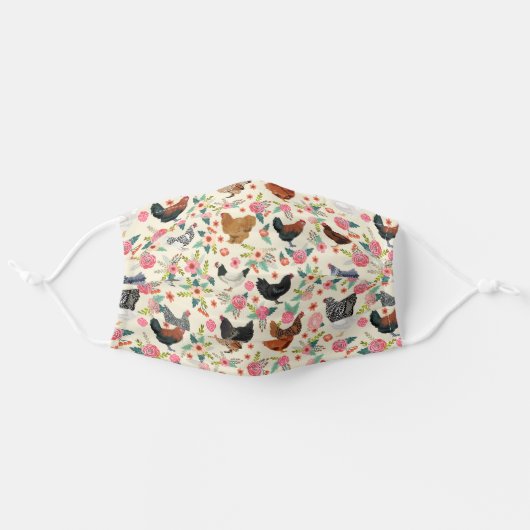 Chickens floral light cream adult cloth face mask (Front, Unfolded)