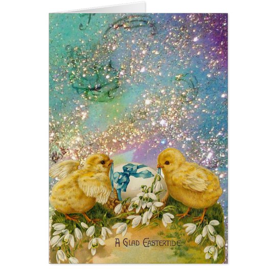 CHICKENS,FLOWERS ,EASTER EGG IN GOLD BLUE SPARKLES CARD