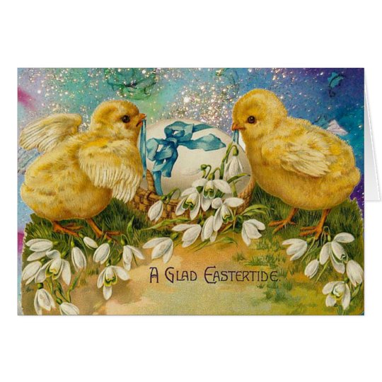 CHICKENS,FLOWERS ,EASTER EGG IN GOLD BLUE SPARKLES CARD