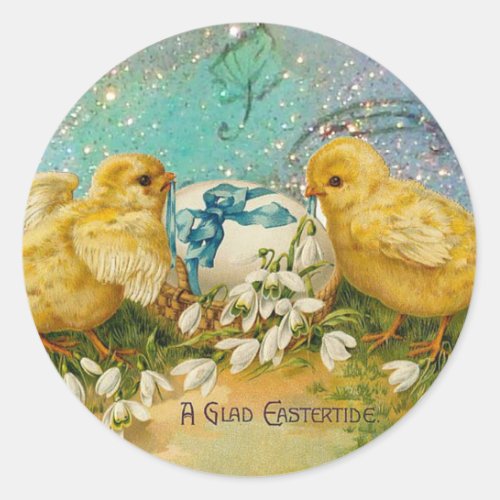 CHICKENSFLOWERS EASTER EGG IN GOLD BLUE SPARKLES CLASSIC ROUND STICKER