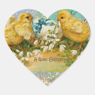 CHICKENS,FLOWERS ,EASTER EGG IN GOLD BLUE SPARKLES HEART STICKER