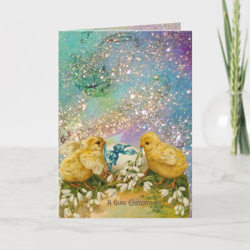 CHICKENSFLOWERS EASTER EGG IN GOLD BLUE SPARKLES HOLIDAY CARD