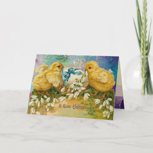 CHICKENSFLOWERS EASTER EGG IN GOLD BLUE SPARKLES HOLIDAY CARD